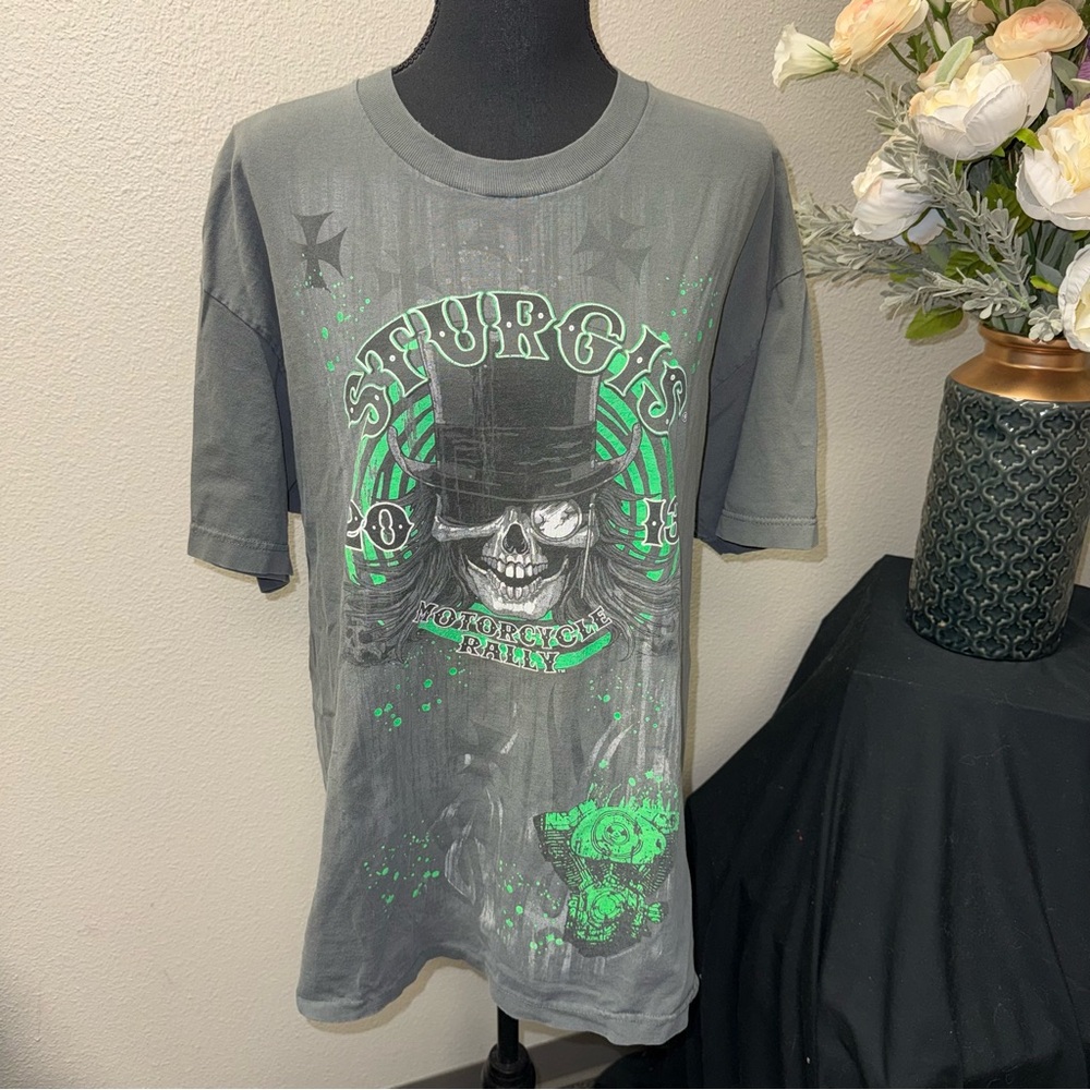 Sturgis Motorcycle Rally Skull Tee Gray Green Graphic Biker Shirt
